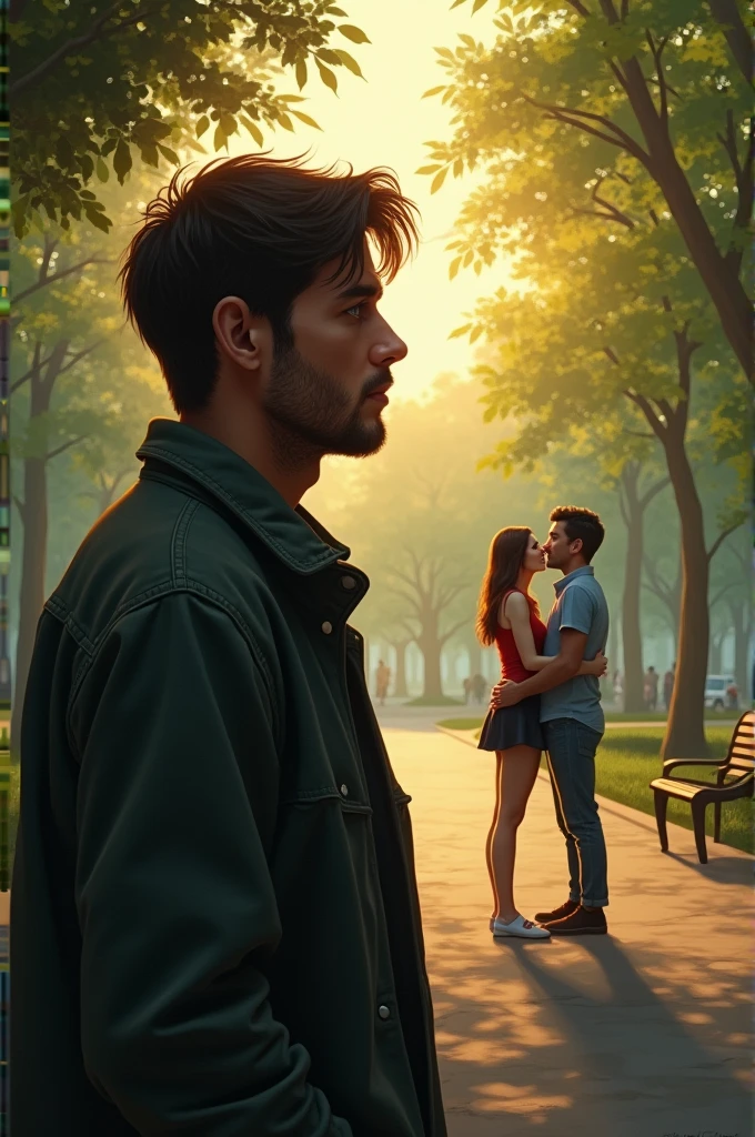 a sad man watching his girl happy with another man in a park light from distance