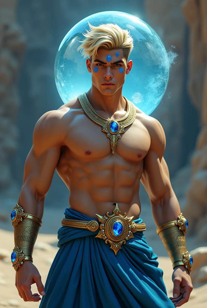 Young man with short blond hair, eyes locked, two blue marks around the eyes, wearing no shirt, wide blue pants with some details and similar to Arab pants, two gold bracelets with sapphires on the wrists, golden crown with sapphires and similar to a tiara on the forehead, gold necklace with sapphires, a circle made of crystal clear water floating around the head, epic wizard pose, 独奏, Masterpiece artwork, precise, High details, 3D rendering, conceptual artwork, cinematic lighting, macro photography
