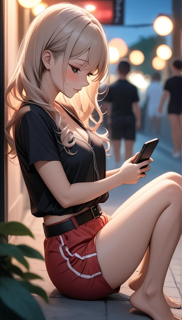 beautiful woman, street lights at night, Playing with smartphones, red shorts, black belt, negro, rosa, summer, be hot, passersby, Night gradient, fine details, barefoot, Subtle tones, There is a sense of tranquility in the image.. bokeh,