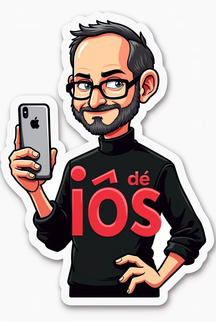 Aqui está a tradução para o inglês, mantendo a frase em português:
### **Sticker "Tô de iOS" with Steve Jobs**
- **Image:** Steve Jobs in cartoon style, with his body in red and black outlines, holding an iPhone 16. He will have a confident expression, representing Apple's innovation.
- **Text:** "Tô de iOS" with stylized letters using the Aldery Pro font, in red and black colors. The letters can be moderately sized, not necessarily large, for a balanced design.