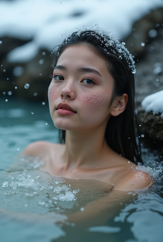 Young woman bathing in a natural hot spring, snowy landscape, Icelandic, tranquil, point blank, vapor, low angle shot, Ultra detailed face, detailed eyes, Goosebumps, HdR, Radiosity, sparkling eyes, moody, down to the ground, high contrast, falling snow, Snow dust, 8k, masterpiece, hyperrealistic photo, depth of field, 1 girl