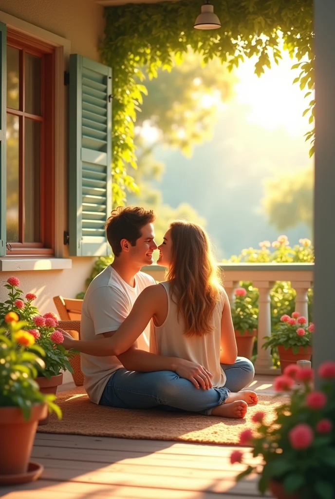 Sunny day on house with beautiful couple