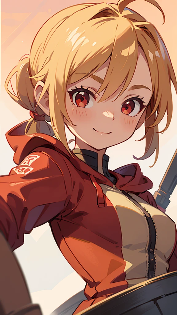 1 girl、alone、Wearing a red hoodie、Wear leather gloves、Blonde ponytail、Ahoge、Beautiful red eyes、smile、Highly detailed face、Upper body close-up、Highly detailed illustration、Golden hour sky、Skyscraper rooftop