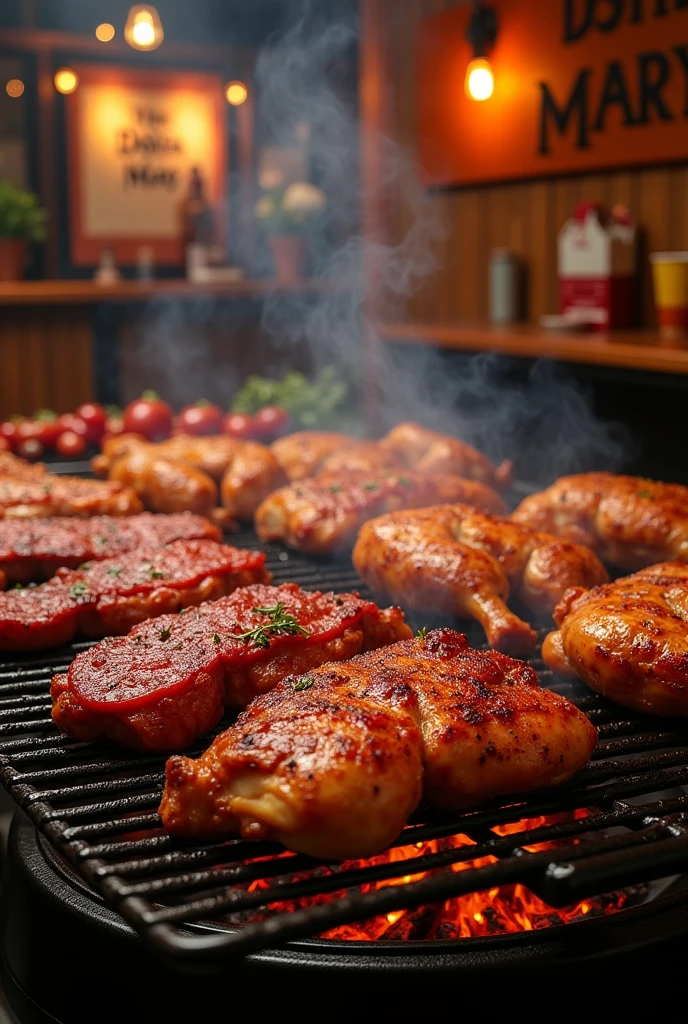 An image of a grill with chicken and meat and that says roasts in Spanish Doña Mary, for a food menu
