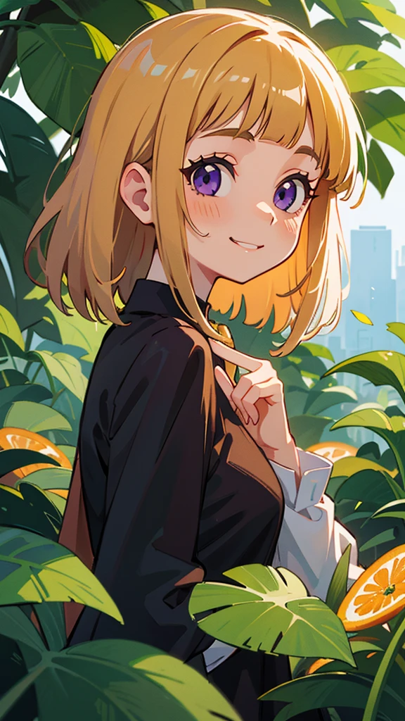 1 girl、alone、impression、(Oil)、Green and orange tones、blonde、Blunt bangs、Straight hair、Purple eyes、one piece、Long sleeve、smile、From the side、Upper body close-up