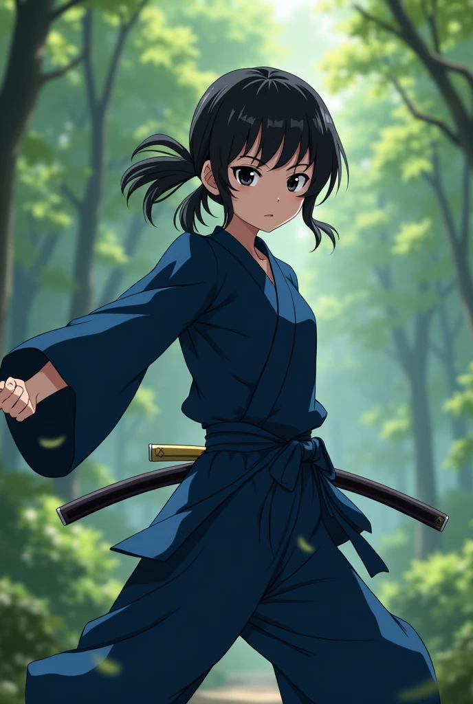 Animation capture of Naruto, light skin girl, black eyes, jet black hair tied into a low ponytail, ninja suit in strong blue tones, katana tied at the waist, forest background
