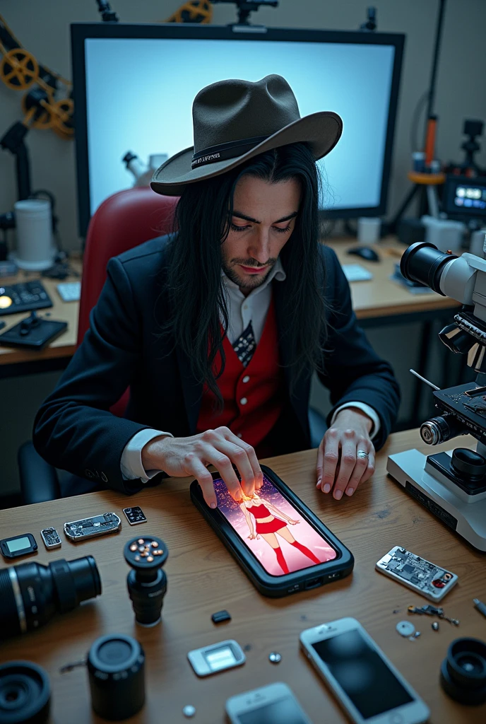Mobile phone repair center equipped with the latest equipment. Dracula with his red eyes sits on a chair looking into a microscope and repairing an iPhone. The photo is taken from above with the mobile phone holding a picture of an anime girl in a red swimsuit. The microscope is being replaced with a modern model. Dracula's hair is being lengthened with his fangs showing in his hand. A screwdriver is in the microscope with two lenses and a digital screen on the wall. The photo is a little further away with the telescope showing. He is wearing a sun hat. Changing his hairstyle. Long hair is tied up. Some maintenance parts are being spread out on the table.