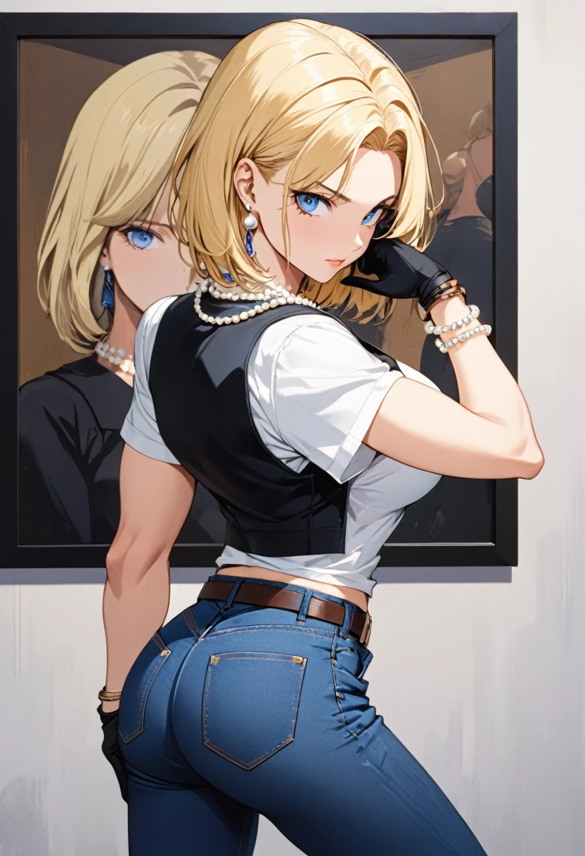 masterpiece, Highest quality, High resolution, (Artificial Human Room No. 18),1990s \(style\),(E-cup beautiful breasts)、height: 170cm,Muscular、(sexy)、独奏,Anicmme-style painting style, blonde hair, Blue eyes, belt, jeans, pearl_necklace, bracelet, black gloves, white shirt, short hair, short sleeves, earrings, blue short pants, open vest, black vest,middle breasts,A composition that focuses on the whole body from behind,(Cool face)、Pointed eyes,Looking back pose,The lower half of the body is without pants and underwear is visible.、Black Thong