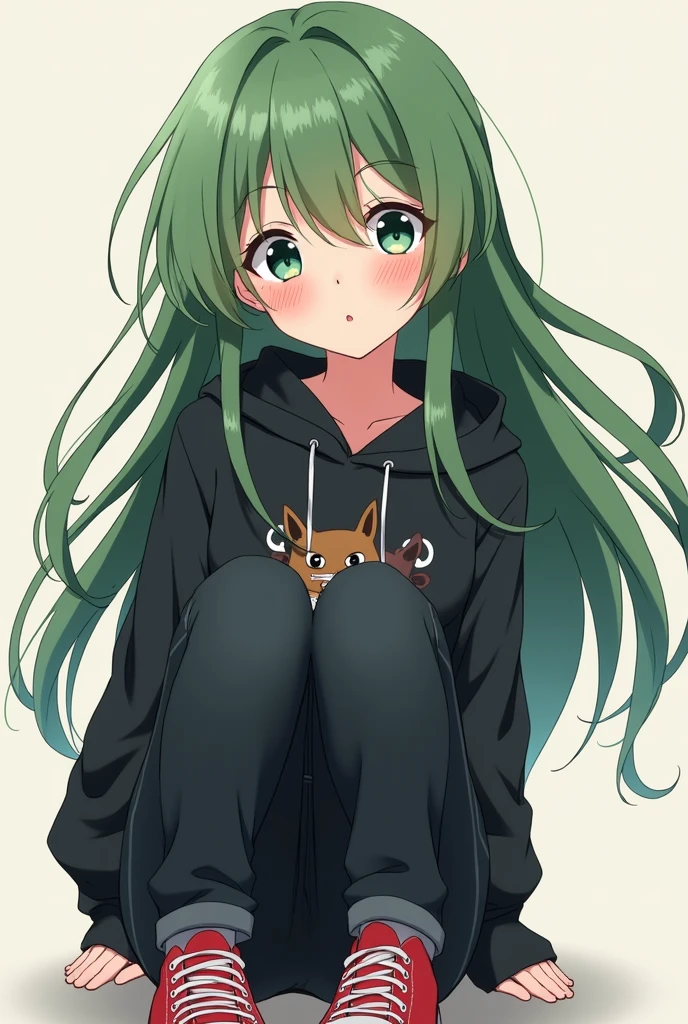 Anime girl with green and long hair, with a blushing face and a tear in her eye, black hoodie with a cat print on the chest, black jeans, red converse shoes, teenage looking
