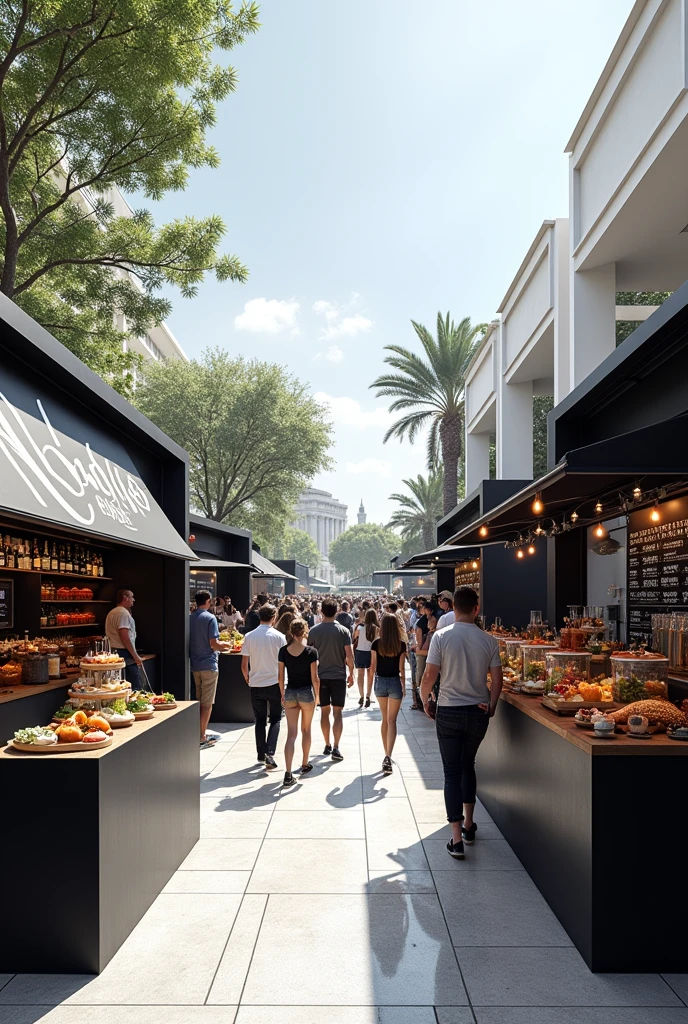 A food fair theme that focuses on the black and white colors that are outdoors, in which there will be regional food, international food, International cocktails and pastries