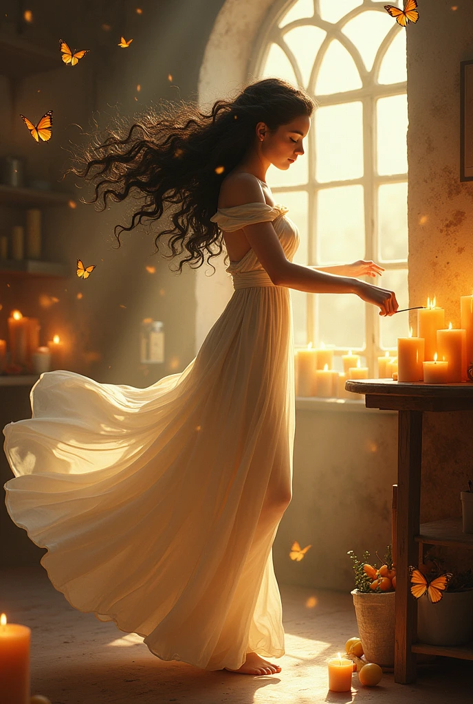 A woman with very long wavy black hair, white, dancing, sunlight, Candle workshop, creating candles and magic. butterflies, Birds