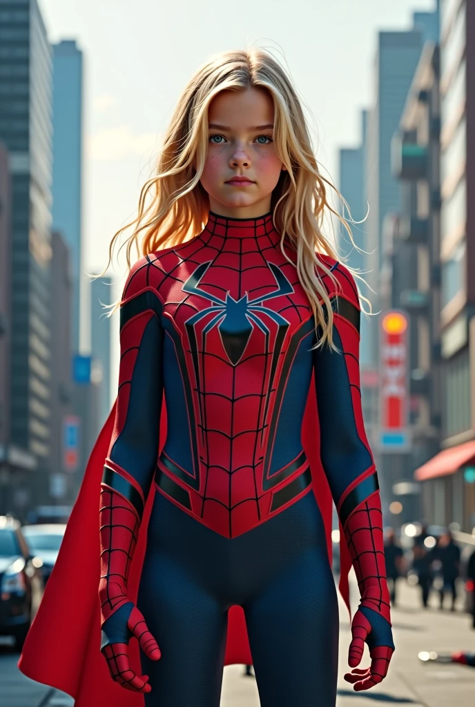 Blue-eyed blonde girl wearing superhero costume, (Spiderman)