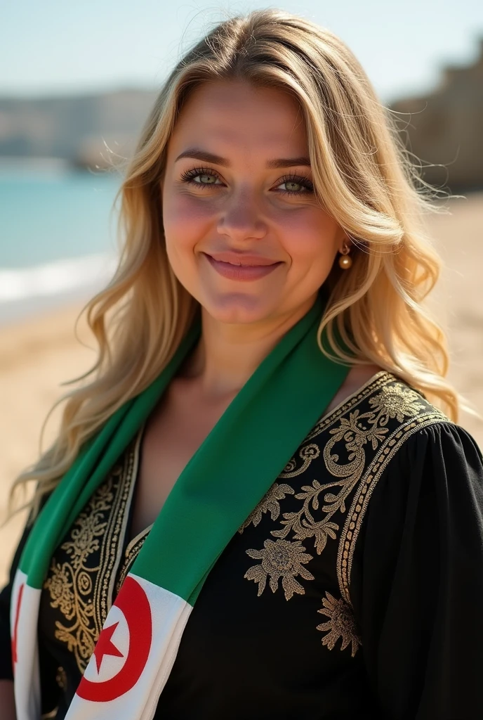 Close-up, blonde, plump woman, wearing a black abaya, embroidered in gold, and on her shoulder a scarf with the Algerian flag in white and green, looking directly at the camera, she is standing on a sandy beach . woman smiles sweetly. 
