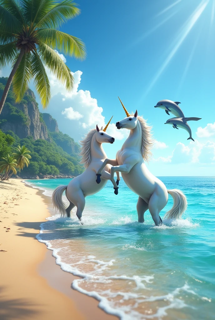 Create a colorful image with unicorns and dolphins inside a realistic happy beach with the horses swimming with the dolphins jumping over the beach