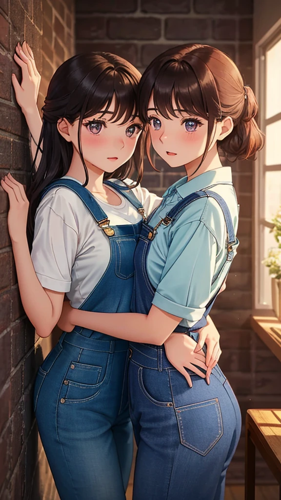 In an intimate and NSFW moment, The two eighteen year old girls found themselves pressed against each other., Their bodies close enough to feel the heat radiating between them. A girl was trapped against the wall., his arms raised above his head, surrender to the touch of the other. The other girl held her by the waist, his hand slipping under his overalls shot, Their gazes locked deeply into each other&#39;s eyes.. With seductive expressions playing on their faces., explored this forbidden moment, short overalls, barefoot, Their hearts beating with desire, kissing. a beach.