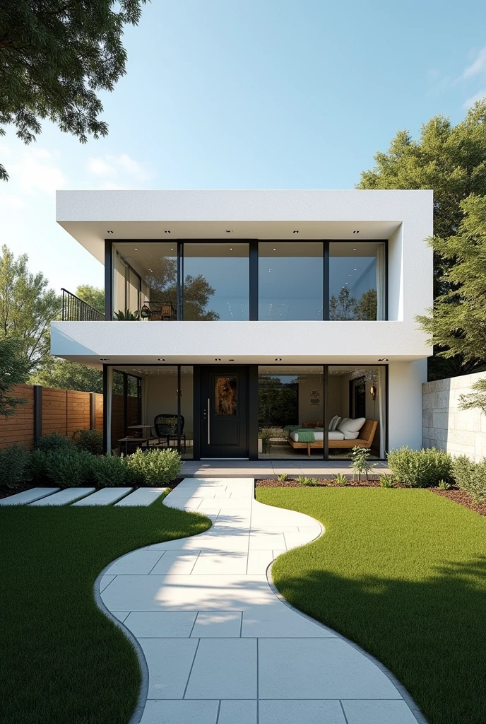 Cass flat roof one story white color large windows black aluminum trees blue sky modern architecture front view landscaping boho design colors entrance to the house winding path
