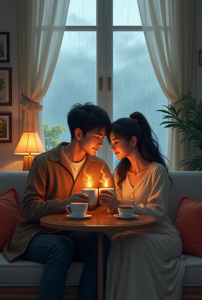 Rainy day with couple tea