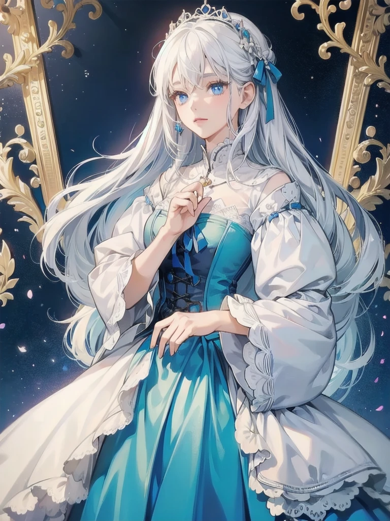 ((Highest quality)), ((masterpiece)), (detailed), White Hair、Blue Eyes、beautiful girl、Easygoing、Aristocratic clothing、One person