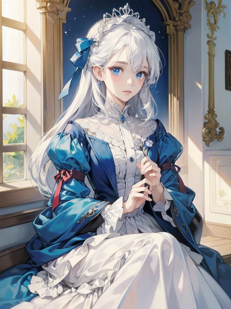 ((Highest quality)), ((masterpiece)), (detailed),　White Hair、Blue Eyes、beautiful girl、Easygoing、Aristocratic clothing、One person