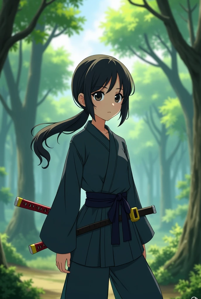 Animation capture of Naruto, light skin girl, black eyes, jet black hair tied into a low ponytail, ropa ninja, katana tied at the waist, forest background