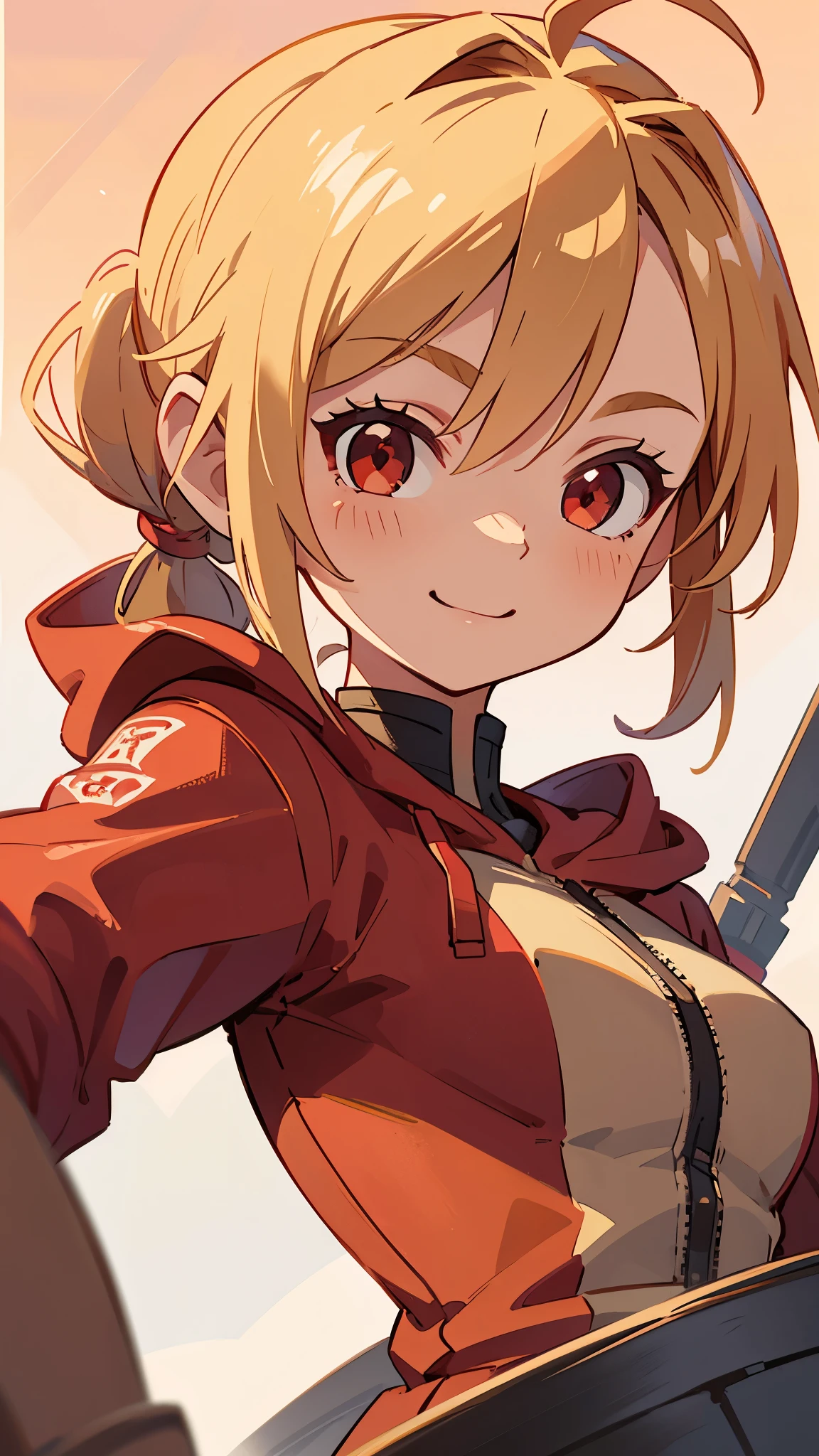 1 girl、alone、Wearing a red hoodie、Wear leather gloves、Blonde ponytail、Ahoge、Beautiful red eyes、smile、Highly detailed face、Upper body close-up、Highly detailed illustration、Golden hour sky、Skyscraper rooftop