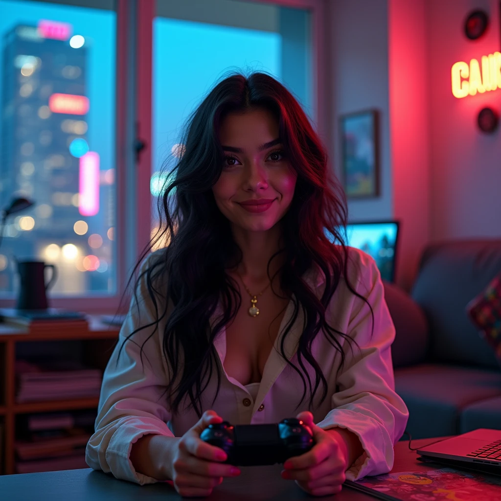 realistic photo of a (pretty girl, 20 years old, brunette, black eyes) as pop influencer playing with a Playstation joystic at mouth at her cosy apartament into a glass building , (full lips) , ((perfect face)), [[mild smile]], proportionate body,mixed white-latina herritage, [nubyan nose], beautyfull, beautyfull face, tanned skin, two arms, two legs, five fingers by hand, full body, (softly curly black long hair), girl liking a playstation joystick, girl puting a joystic at her mouth, influencer making a video, collorfull clothes, syntpunk vibes, [computer], gamer decoration, magazines and collectibles at shelves, cyberpunk city after glass panels, neon, night, (western girl), western traits, instagram influencer photo
