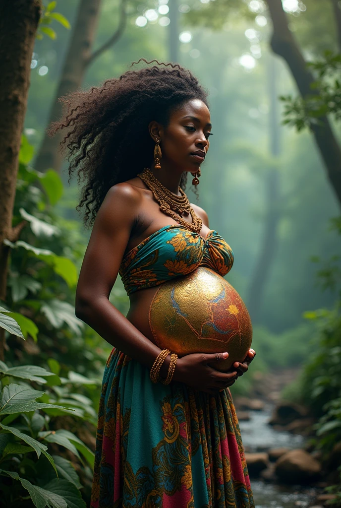 Mysterious Forest, beautiful vegetables, Afro-Haitian woman, wears wooden bracelets, hair in the wind, splendid and majestic, pregnant.sô ventre colored se tenant au milieu de la forêt, in connection with nature. colored, shivering , at the same time, it inspires peace and happiness. This evokes the earth mother Gaia. A stream not far away.