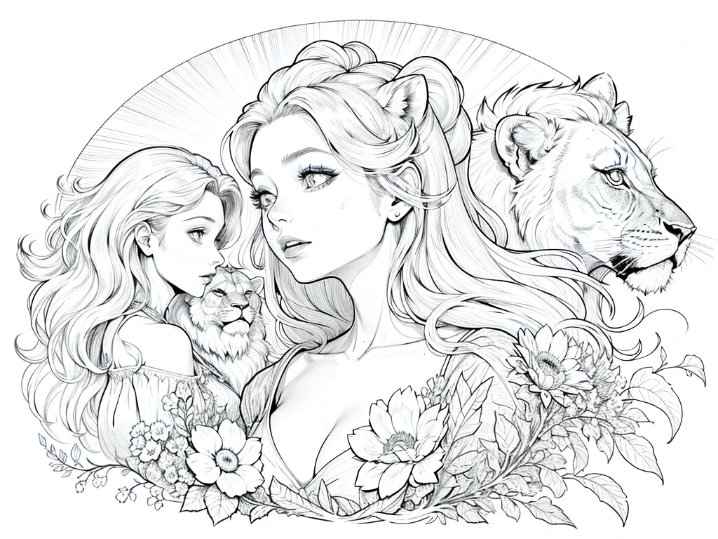 (A woman and a lion), flores, lua, intelligent facial expression, (linear illustration), (sketch drawing for a coloring book), estilo disney