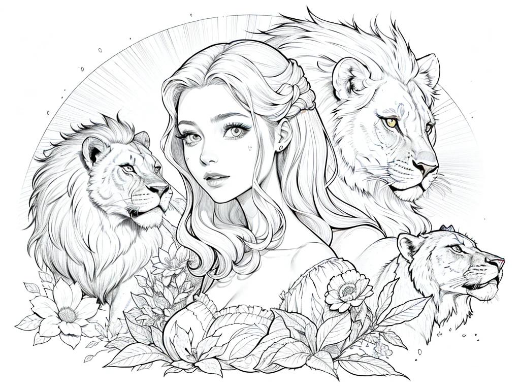(A woman and a lion), flores, lua, intelligent facial expression, (linear illustration), (sketch drawing for a coloring book), estilo disney