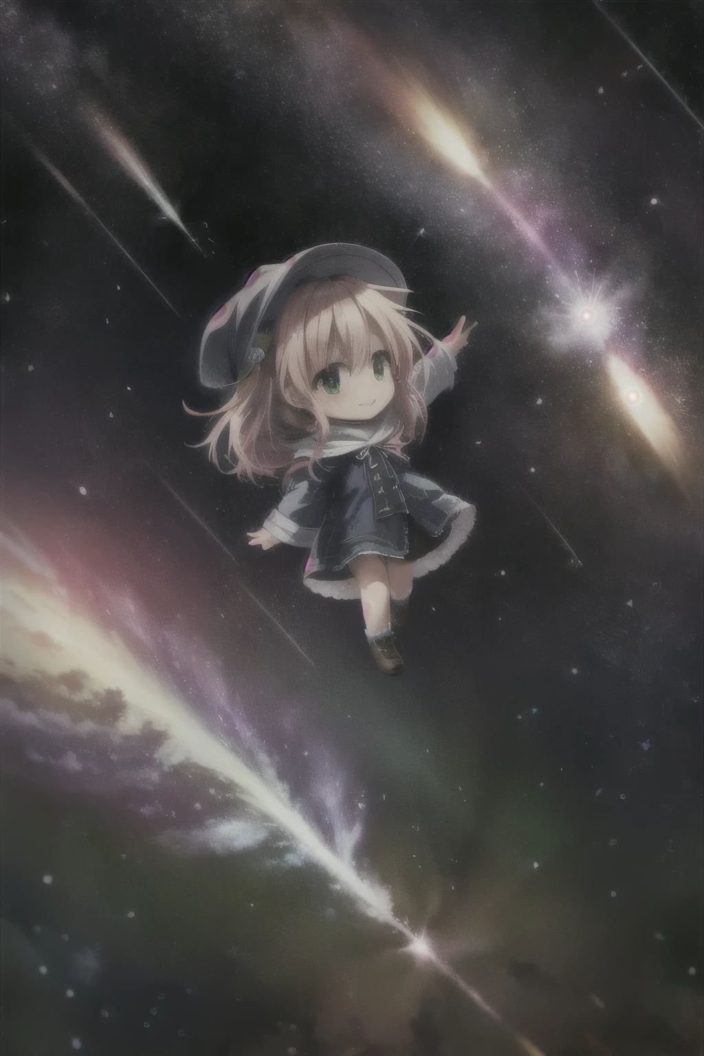galaxy, rocket, jellyfish, shooting star, cute art. Chibi, digital art. Cozy calm, more