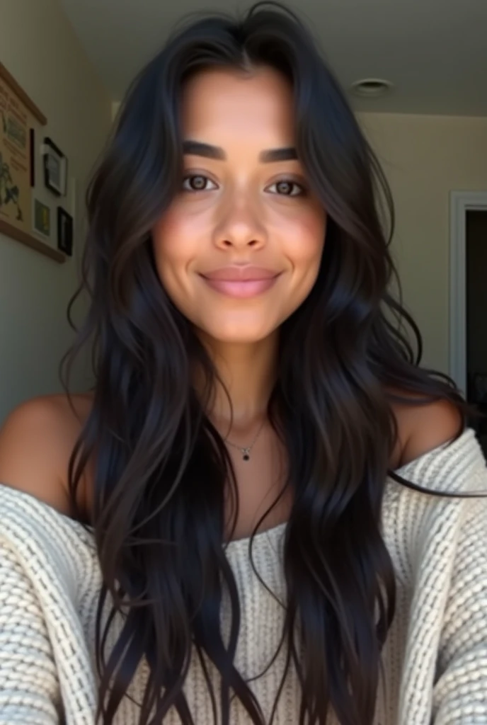  girl, peruvian, with a long sweater that shows your shoulders, hair dyed brown and its black roots are noticeable, that looks like a photo taken by herself with low quality. Que sea de nacionalidad peruvian. Don&#39;t let it look like artificial intelligence, selfie mode photo and it is not so pretty and looks natural, less pretty, más peruvian, más joven y peruvian, and less smiling 

