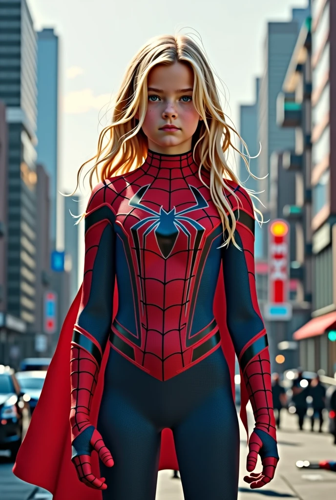 Blue-eyed blonde girl wearing superhero costume, (Spiderman)
