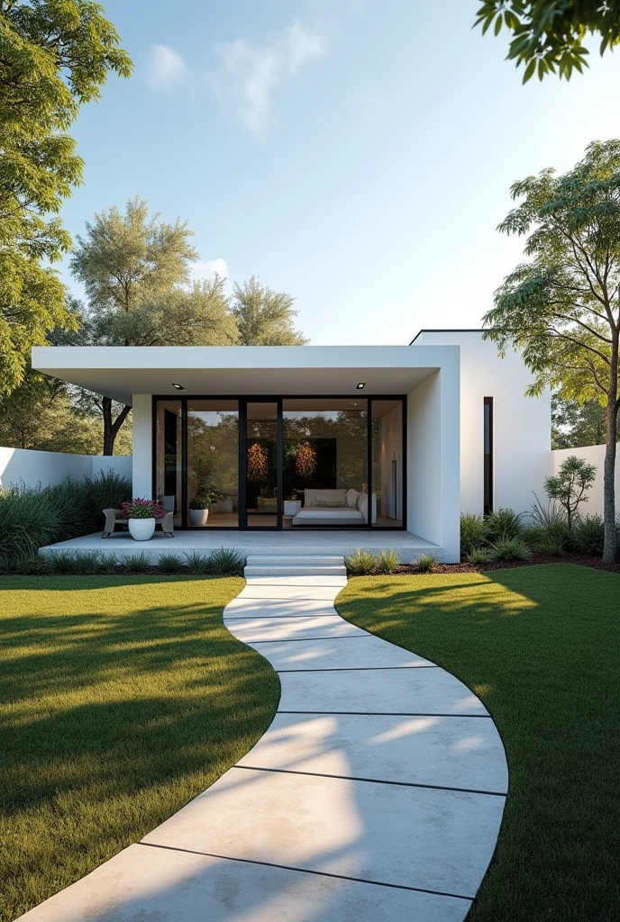 Cass flat roof one story white color large windows black aluminum trees blue sky modern architecture front view landscaping boho design colors entrance to the house winding path 