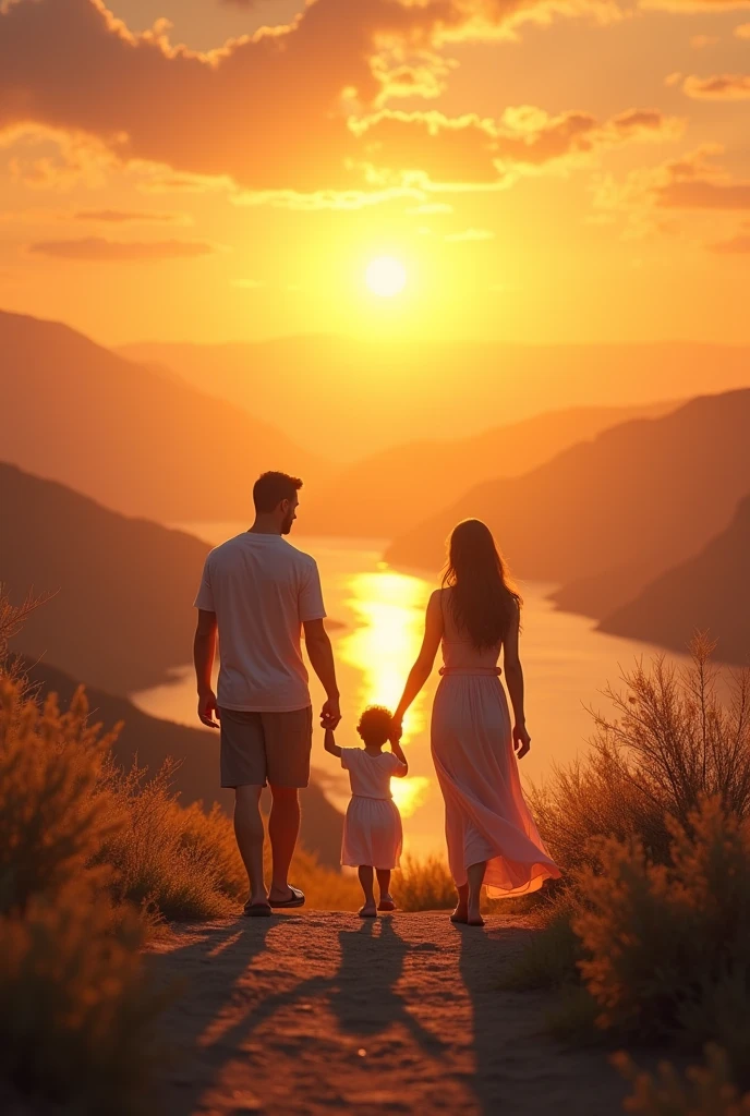 Create an image of a happy family walking in a beautiful sunset landscape, a holding her father and mother's hand. Being grateful to God for the blessings