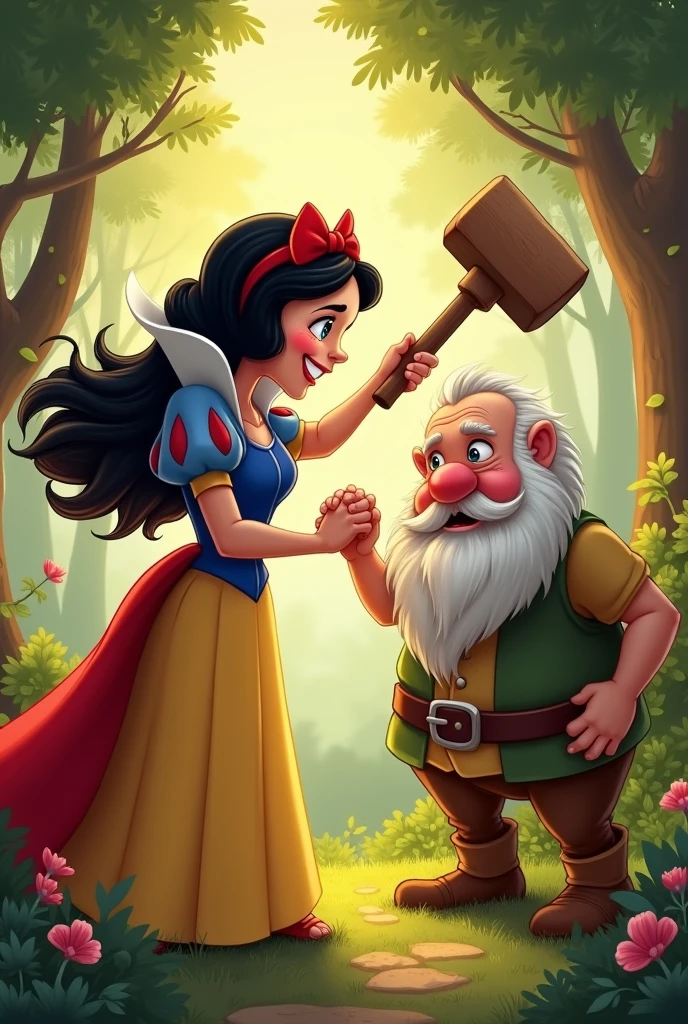 Snow White hitting grumpy with a hammer