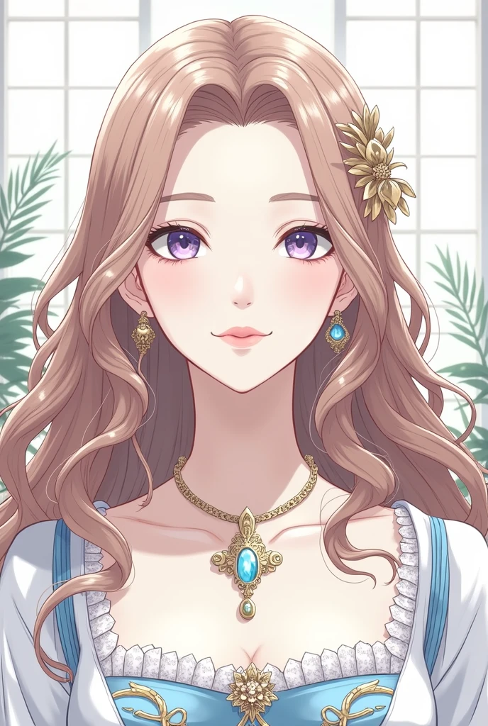 beautiful woman adult, serene, long curly hair, chestnut hair, violet eyes, pale white skin, blue-white empress dress detailed, indoors, cold lighting, plants in background, windows with sunlight, Imperial, castle, gold detailed, white room marble, standing, intricate details, warm colors