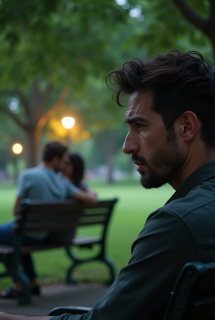 a crying man watching his girl happy with another man in a park light from distance