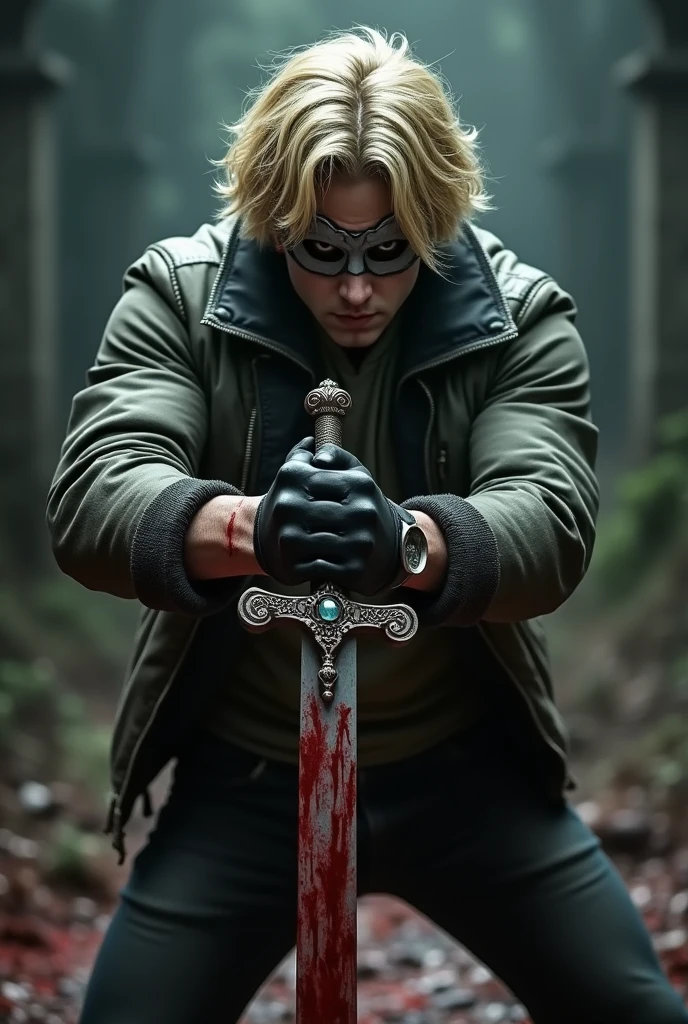 (photoralism:1.2), Very detailed, Ultra-high resolution, High Contrast, masterpiece, horror scene, masculine masquerade style mask, street clothes, jacket, fighting pose, blonde hair, Caucasian skin, bloody, holding detailed sword, determined, strong, 