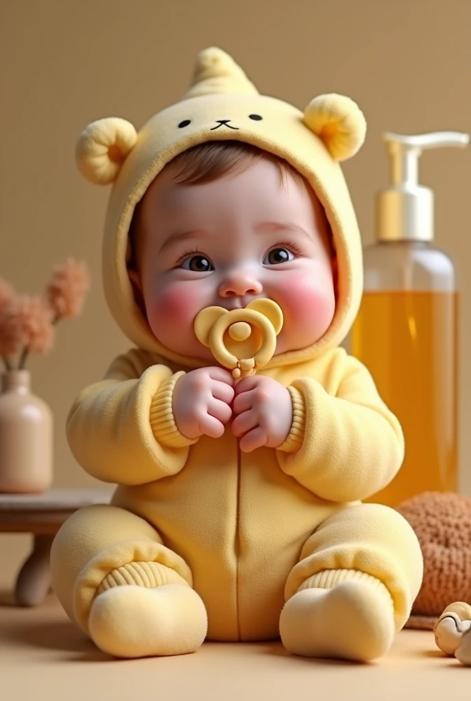 Baby with cashew-shaped clothes and cashew-shaped pacifier and shampoo