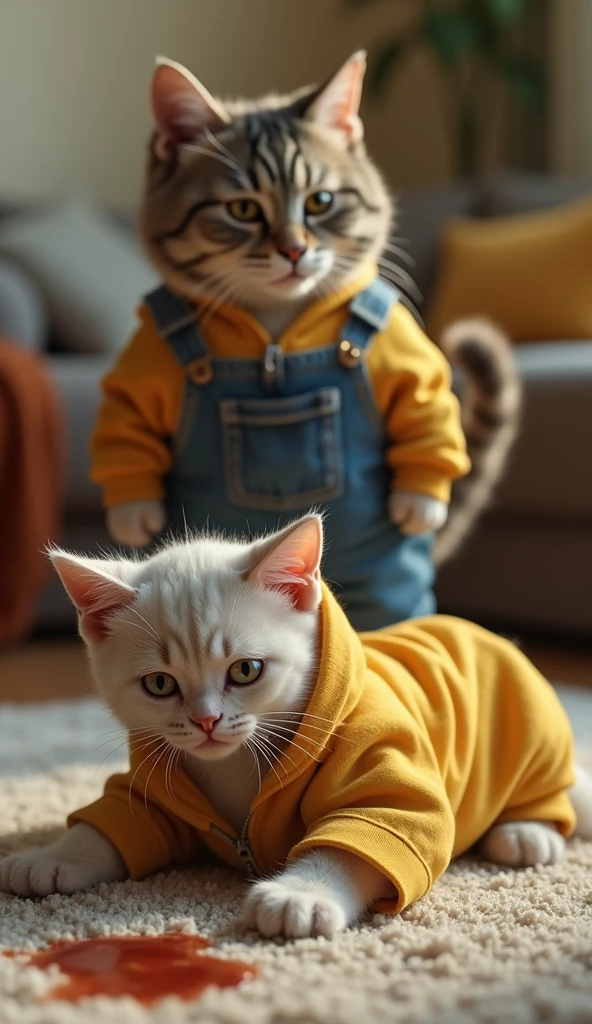 Create a photorealistic image of A kitten wearing yellow jeans outfit is lying weakly on a soft, cozy rug in a warm, well-decorated living room. The kitten's face looks pale, and there's a small puddle of vomit nearby, while the kitten’s father Wearing jeans outfit, a large cat, watches with a worried expression, standing in front of the couch.