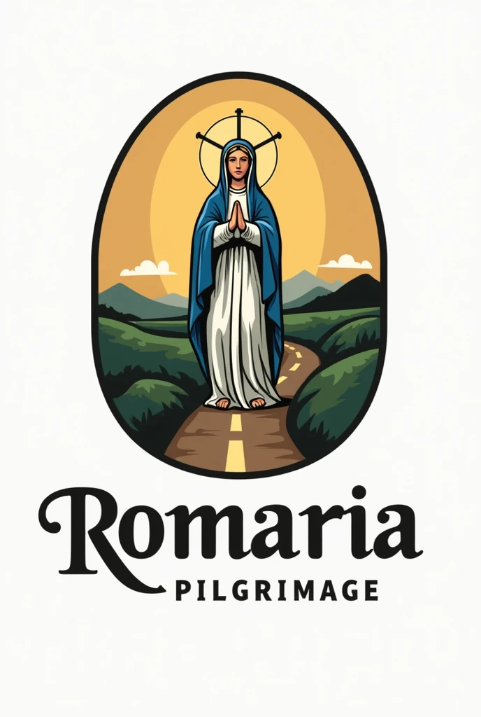 Create a logo simbol written Moto Romaria, with an image of a helmet, road, with the image of Our Lady of Aparecida black with a blue cape in Catholic art style