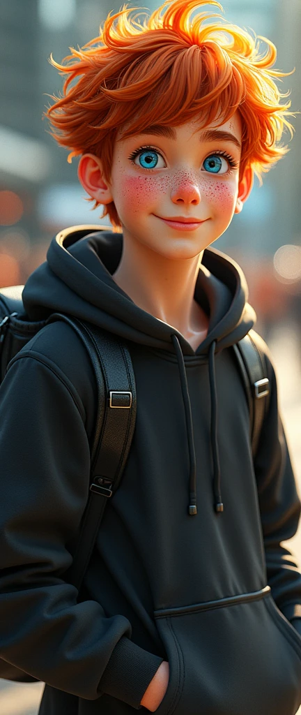 A young red-haired man, golden skin with freckles, messy hair, light blue eyes, wearing a sports set with black hoodie, Sports shoes, long socks, with a backpack on his back, lots of lighting, vivid colors, playful expression m, very detailed facial expression, skin texture, light