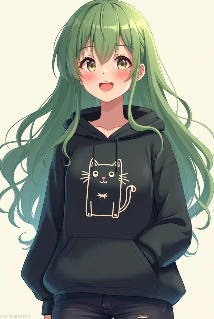 Anime girl with green and long hair, with a blushing face, is crying from happiness, black hoodie with a cat print on the chest, black jeans, red converse shoes, teenage looking 
