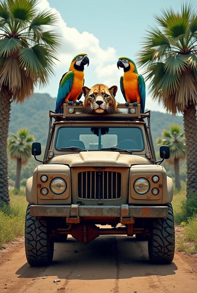 UAZ car stripped, to that image remove the tent from the car, Decorate it with a puma head and two macaws, Decorate the car with two palm trees behind the macaws but on the car