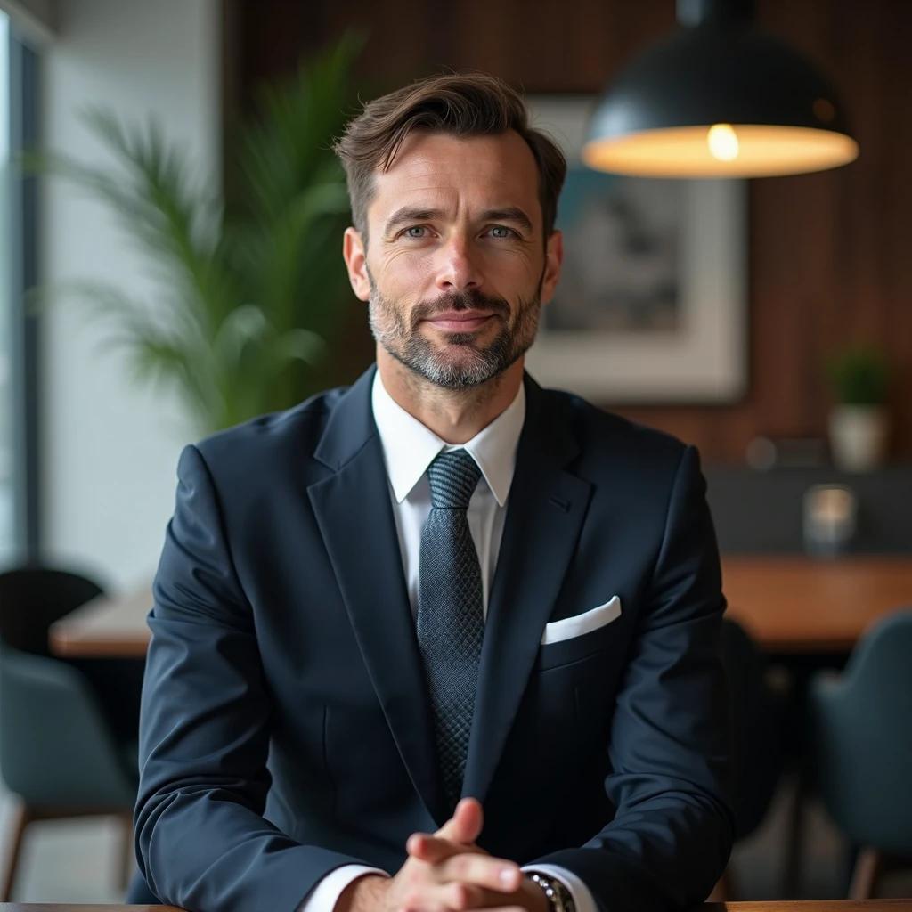 Male board director facing camera ready to conduct an interview. 