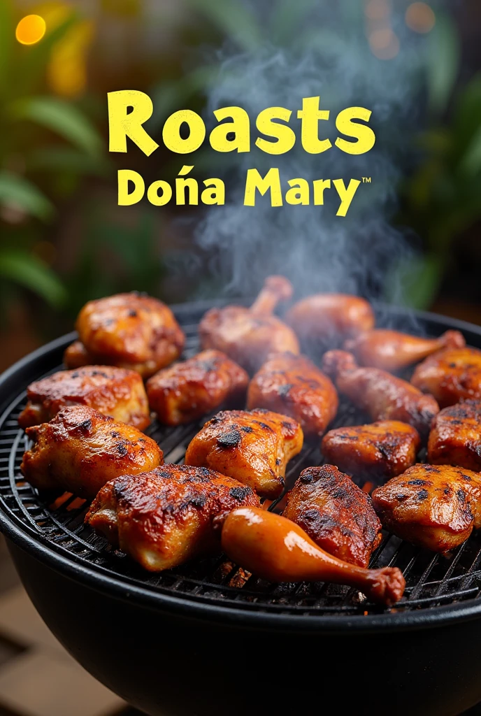 An image of a grill with chicken and meat and that says roasts doña mary, for a food menu