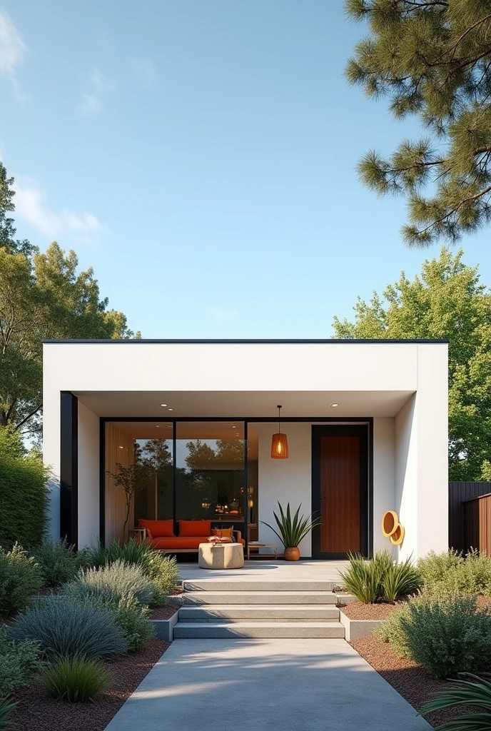 Cass flat roof one story white color large windows black aluminum trees blue sky modern architecture front view landscaping boho design colors entrance to the house