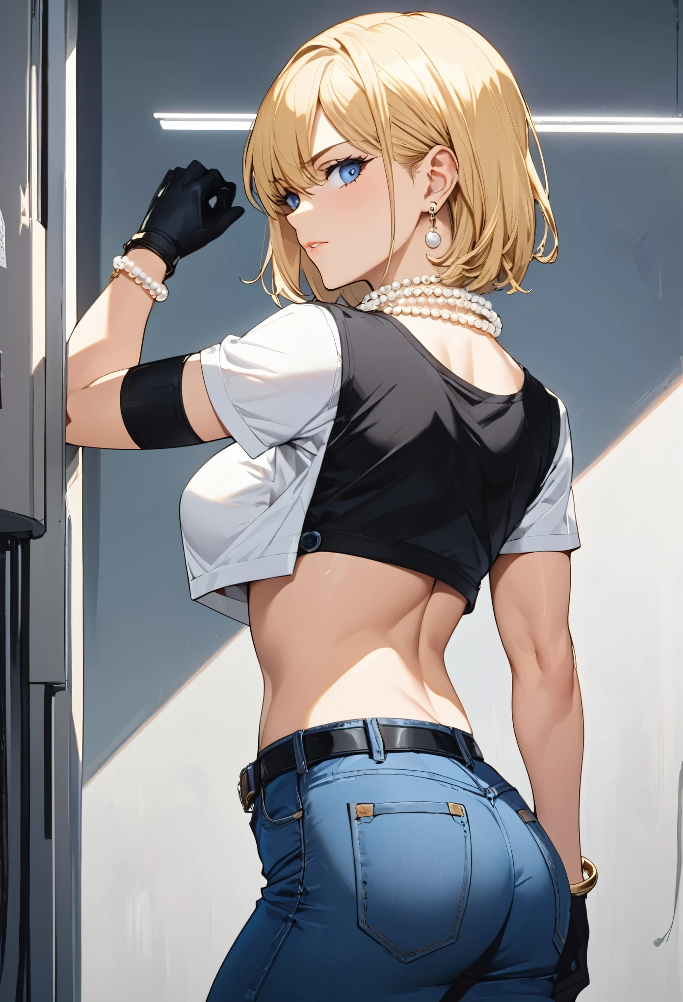 masterpiece, Highest quality, High resolution, (Artificial Human Room No. 18),1990s \(style\),(E-cup beautiful breasts)、height: 170cm,Muscular、(sexy)、独奏,Anicmme-style painting style, blonde hair, Blue eyes, belt, jeans, pearl_necklace, bracelet, black gloves, white shirt, short hair, short sleeves, earrings, blue short pants, open vest, black vest,middle breasts,A composition that focuses on the whole body from behind,(Cool face)、Pointed eyes,Looking back pose,The lower half of the body is without pants and underwear is visible.、Black Thong