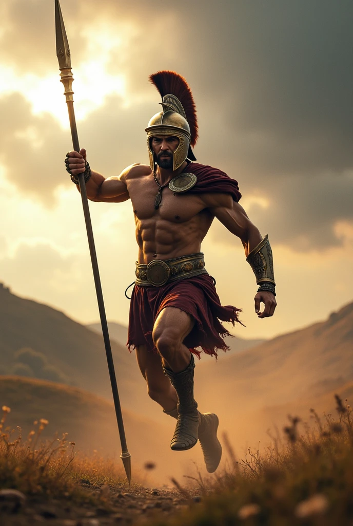 Leaping Spartan with a spear above his head and helmet