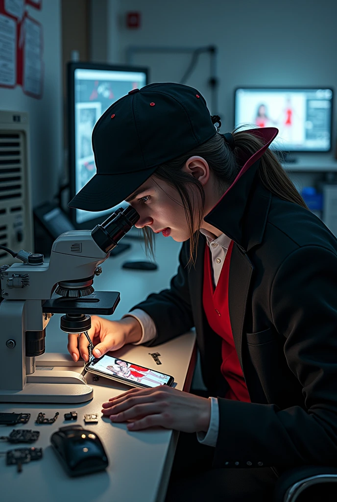 Mobile phone repair center equipped with the latest equipment. Dracula with his red eyes sits on a chair looking into a microscope and repairing an iPhone. The photo is taken from above with the mobile phone holding a picture of an anime girl in a red swimsuit. The microscope is replaced with a modern model and Dracula&#39;s hair is extended with his fangs visible. In his hand is a screwdriver. The microscope has two lenses and a digital screen on the wall. The photo is a little further away with the telescope visible. He is wearing a cap. Changing his hairstyle. Long hair is tied up. Some maintenance parts are spread out on the table. 